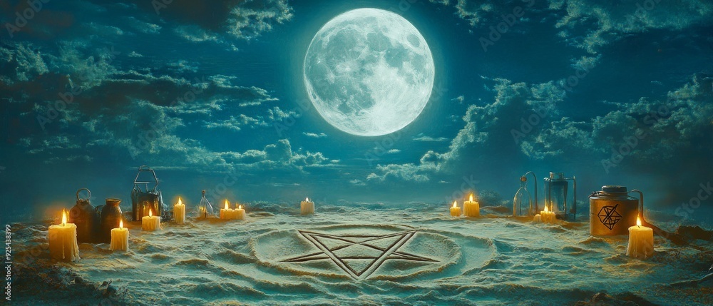 Wall mural pentacle moonlit ritual wicca, paganism religion spiritual symbol