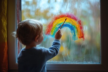 a child boy paints a rainbow on a window 