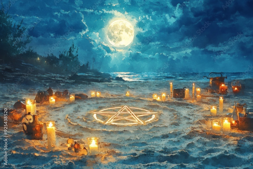 Wall mural Pentacle Moonlit Ritual Wicca, Paganism Religion Spiritual Symbol