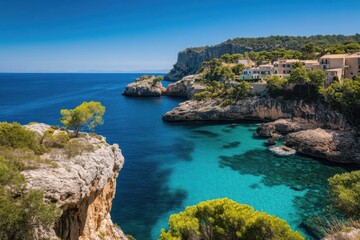 A scenic coastal view featuring cliffs, turquoise water, and houses on a sunny day.