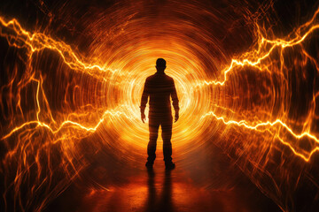 Fototapeta premium Silhouette of a Man Standing in a Fiery Electric Tunnel with Energy Surges