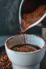 closeup of mushroom coffee powder being poured into a white cup, capturing the moment preparation