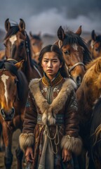 Mongolian girl amidst herd of horses in the vast open Mongolian steppe
