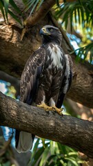Philippine Eagle Perched on Branch in Forest Nature, Realistic Photo, Pattern Background, Wallpaper, Cover and Screen for Smartphone, Cell Phone, Computer, Laptop