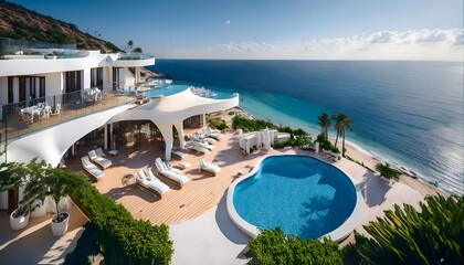 Fototapeta premium White and luxurious house with pool next to the sea