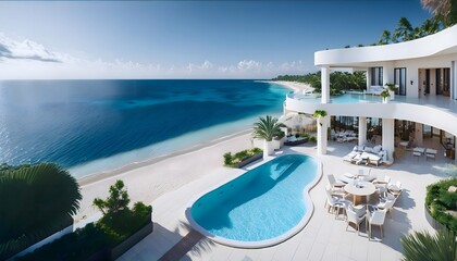 Obraz premium White and luxurious house with pool next to the sea
