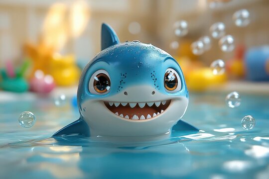 whimsical cartoon shark with a big smile gliding through a crystalclear swimming pool surrounded by colorful pool toys and bubbles