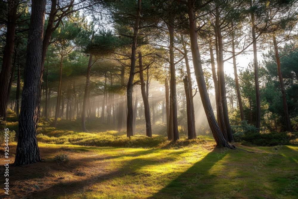 Sticker a serene forest scene with sunlight streaming through tall trees, creating a tranquil and idyllic at