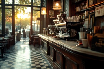 A nostalgic vintage coffee shop interior showcasing dark wooden furniture, espresso machines, and charming decor, bathed in warm sunlight streaming through large windows.