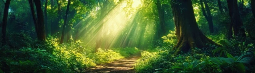 Obraz premium Sunlight streams through lush, dense forest, illuminating a winding path with vibrant green foliage.