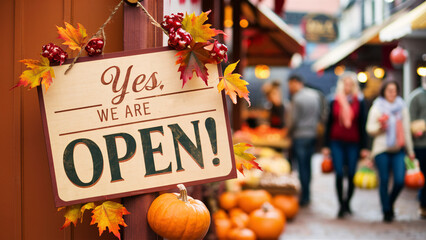 Autumn-themed "Yes, We Are Open" sign with pumpkins and fall leaves at a bustling outdoor market entrance, inviting customers to a festive seasonal shopping experience with warm, lively atmosphere