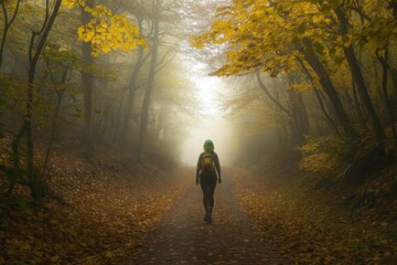 Person walking in a misty forest path during autumn, surrounded by yellow and orange leaves.