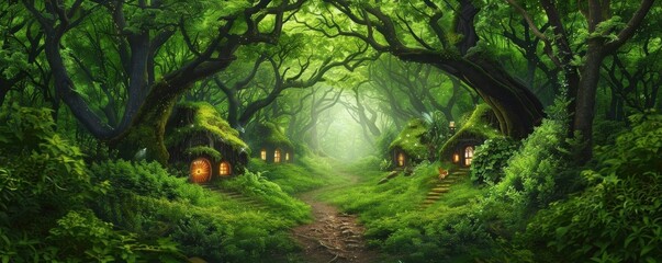 Mystical forest with a hidden, sparkling fairy village, fairy village, secretive enchantment