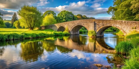 Stone arch bridge over tranquil river in picturesque countryside setting , bridge, stone, arch, scenic, landscape, river