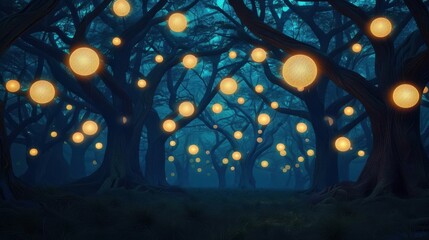 Mystical forest with ancient trees and floating, glowing lights, enchanted woods, fantasy glow