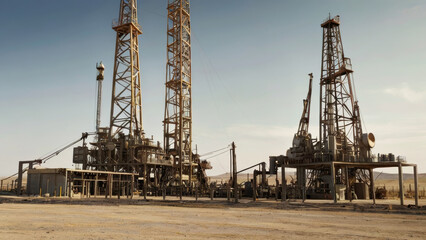 Oil field for extracting fossil fuels from the ground. Oil drilling rigs in the desert