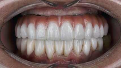 beautiful composition of dental prosthesis made of zircon and crowns in the oral cavity