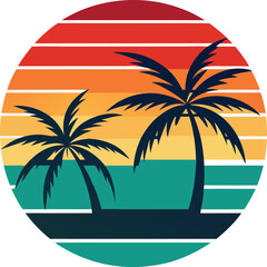 tropical island with palm trees  vintage logo in the circle detailed design