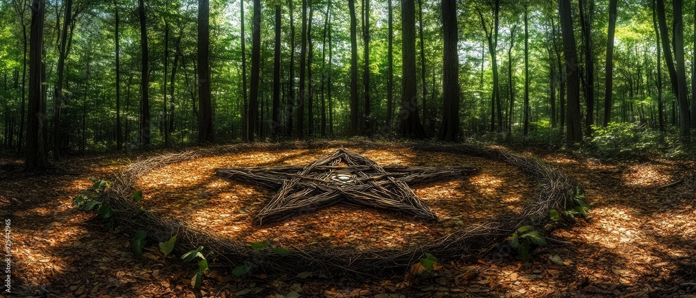 Wall mural pentacle forest gathering wicca, paganism religion spiritual symbol