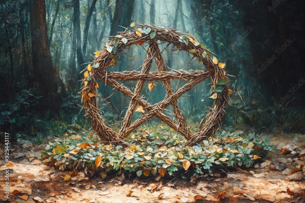 Wall mural pentacle forest gathering wicca, paganism religion spiritual symbol