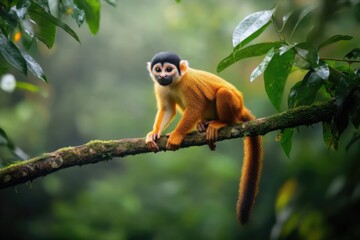 Obraz premium A small monkey with vibrant orange fur perched on a tree branch in a lush, green forest.