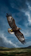 Obraz premium Philippine Eagle Flying with Blue Sky Background, Realistic Photo, Pattern Background, Wallpaper, Cover and Screen for Smartphone, Cell Phone, Computer, Laptop