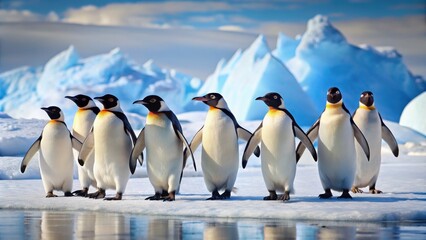 Fototapeta premium Penguins waddling on the icy terrain of the South Pole, Antarctica, wildlife, cute, cold, ice, snow, birds