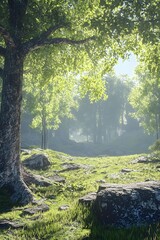 Fototapeta premium Forest Scene with Green Grass and Sun Shining Through the Trees
