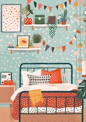 Bedroom Interior with Black Metal Bed and Polka Dot Bedding