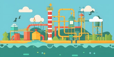 Naklejka premium Cartoon Illustration Of Industrial Factory In Nature