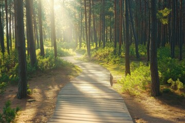 Obraz premium A sunlit wooden pathway winds through a lush green forest under the soft glow of early morning light.