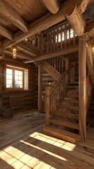 Wooden Staircase Leading to a Second Floor in a Rustic Log Cabin