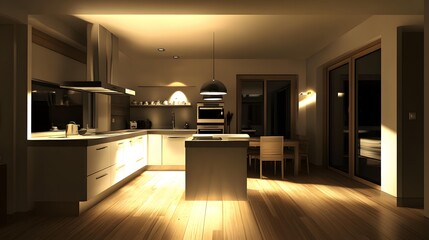 Modern Kitchen Interior Design with Wooden Floor and Stainless Steel Appliances