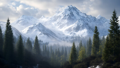 Obraz premium alpine vista with snow-covered peaks and lush evergreen forests, ultra-realistic, high resolution,