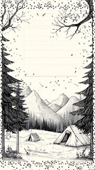  line art drawing with black lines on a white background, serene mountain landscape. Tall trees and tents, camping, border, dots and swirls. The drawing, drawn, reminiscent of vintage postcards, guide
