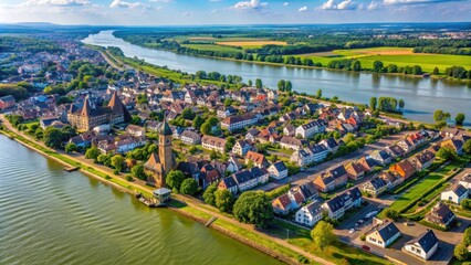 Aerial view of Rheinsheim on the banks of the Rhine River, aerial, view, Rheinsheim, Rhine River, Germany, landscape, water