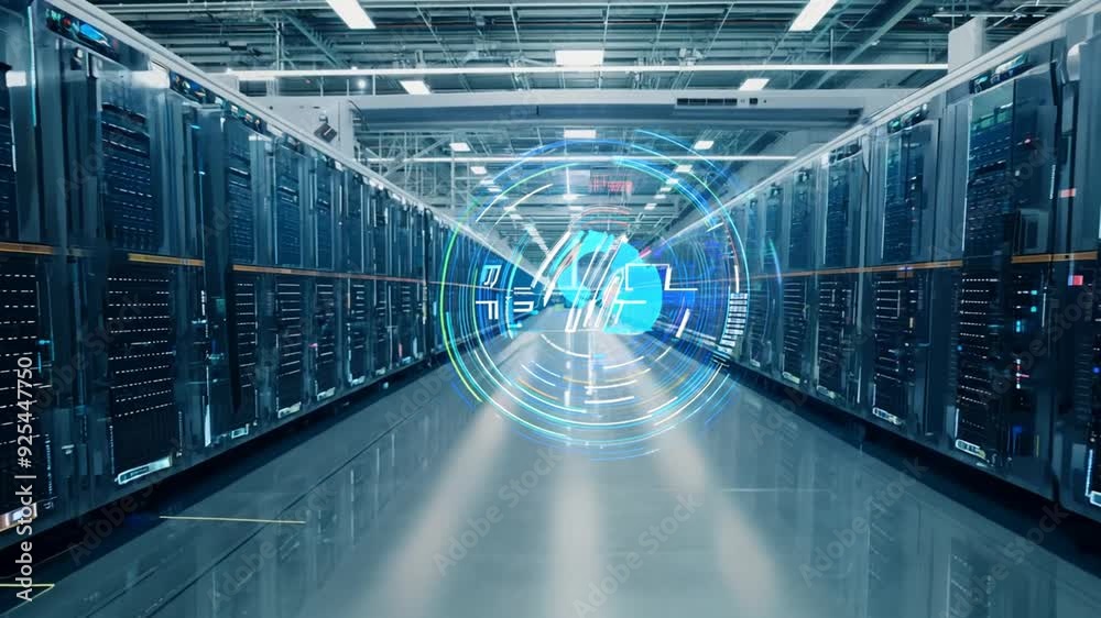 Poster detailed view of a computer server room analyzing ai and ml data generative ai