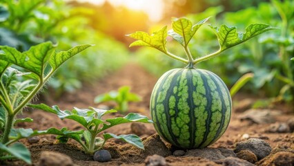 Watermelon plant with lush green leaves growing on the ground in a farm in Thailand, Watermelon, plant, leaves, farm