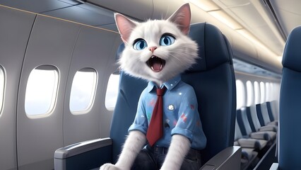 bright-faced cat alone in airplane cabin 3d animation