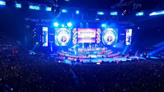 Exciting Esports Competition at a Packed Arena With Vibrant Lights Generative AI