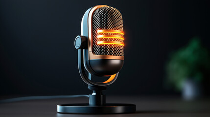 Obraz premium A close-up of a vintage-style microphone with orange LED lights on a dark background, placed on a stand.