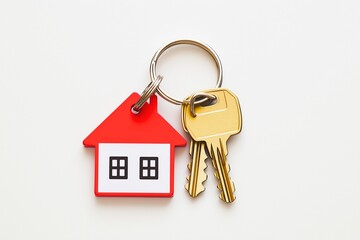 Red house-shaped keychain with keys on a white background symbolizes real estate ownership.


