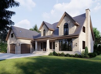 Modern Stone House with Garage and Lawn