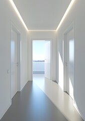 Modern White Hallway With Open Doors Leading To Balcony With City View
