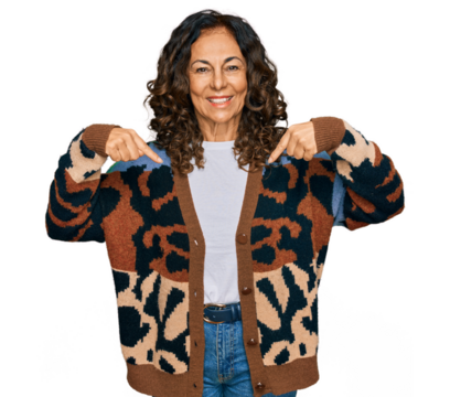 Middle age hispanic woman wearing casual clothes looking confident with smile on face, pointing oneself with fingers proud and happy.