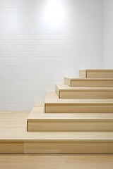 Modern Wooden Stairs with White Brick Wall Background
