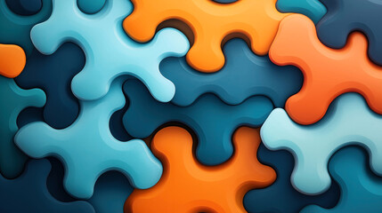 Abstract background with multicolored, interlocking, organic-shaped pieces in shades of orange, blue, and teal creating a layered, puzzle-like pattern.