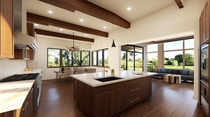 Modern Kitchen Interior Design With Wooden Beams And Large Windows