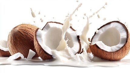 commercial isolated flat background of a coconut and milk explosion waterblue gradient background