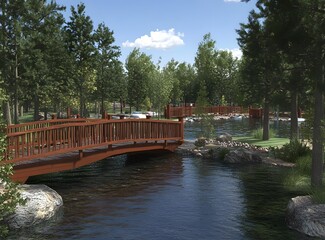 Wooden Bridge Over Pond In Forest